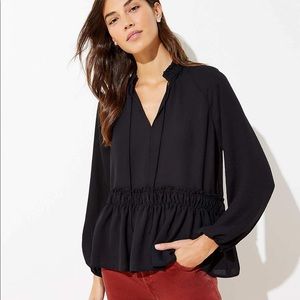 LOFT Smocked Tie Neck Flounce Blouse